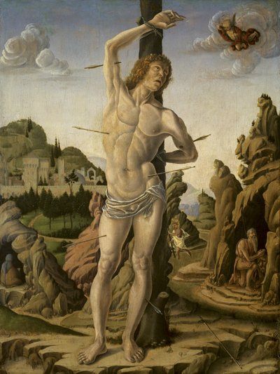 Sint Sebastiaan in een rotsachtig landschap met de heiligen Hiëronymus, Antonius Abt en Christoffel door Marco Zoppo