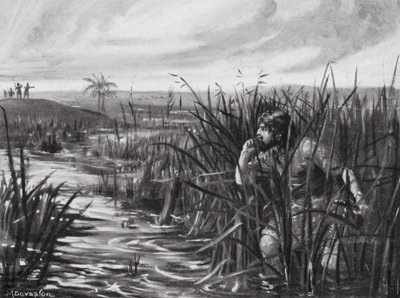 Een Chaldeeuwse spion merkt de nadering van de Assyrische voorhoede op (litho) door Margaret (after) Dovaston
