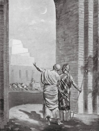 Ur-Engur inspecteert de Tempel van de Maangod tijdens de bouw (litho) door Margaret (after) Dovaston