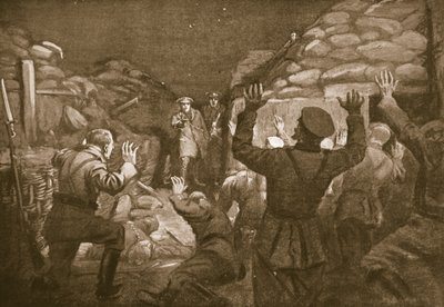 Een Duitse officier en veertien van zijn mannen roepen om genade naar luitenant Leach (litho) door Margaret Dovaston