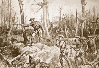 Kapitein (tijdelijk luitenant-kolonel) R.B. Barker organiseert de verdediging van een bos (litho) door Margaret Dovaston
