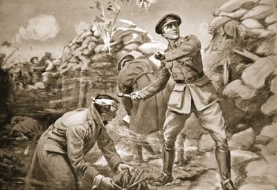 Kapitein Vickers houdt de vijand op afstand terwijl achter hem een barrière wordt opgebouwd (litho) door Margaret Dovaston