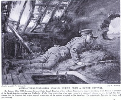 Sergeant-majoor Barwick sluipt vanuit een vervallen huisje bij Ghehuvelt oktober 1914 (litho) door Margaret Dovaston