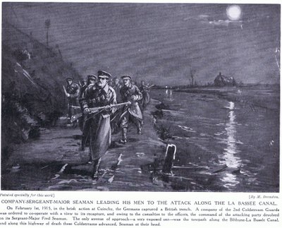 Compagniessergeant majoor Seaman leidt zijn mannen langs het La Basse-kanaal februari 1915 (litho) door Margaret Dovaston