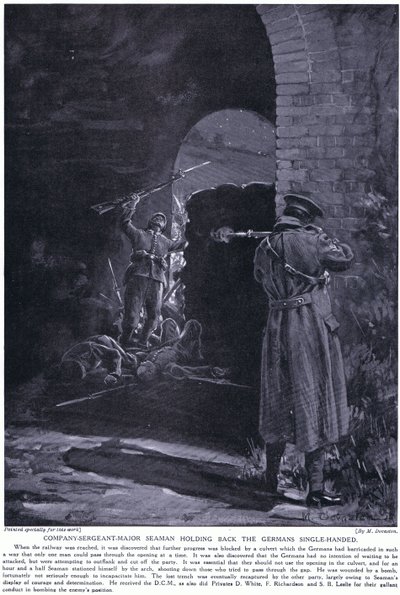 Company Sergeant Major Seaman won een DCM voor het met één hand tegenhouden van een Duitse aanval in februari 1915 (litho) door Margaret Dovaston