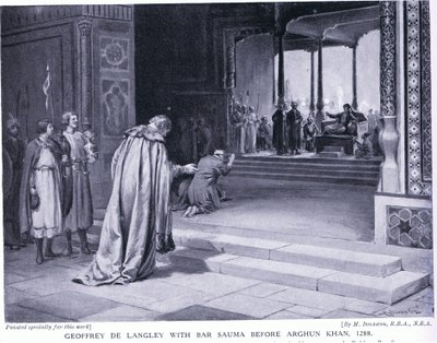 Geoffrey de Langley met Bar Sauma voor Arghun Khan 1288AD (litho) door Margaret Dovaston