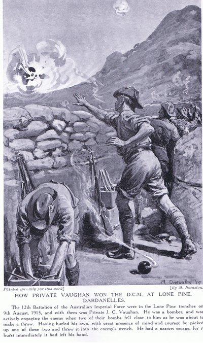 Hoe soldaat Vaughan het DCM won bij Lone Pine Dardanellen augustus 1915 (litho) door Margaret Dovaston
