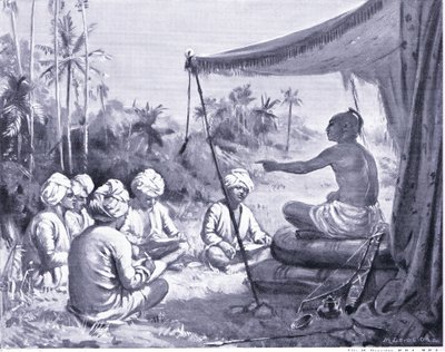 Kulottunga Chola instrueert zijn landmeters 1086 AD (litho) door Margaret Dovaston