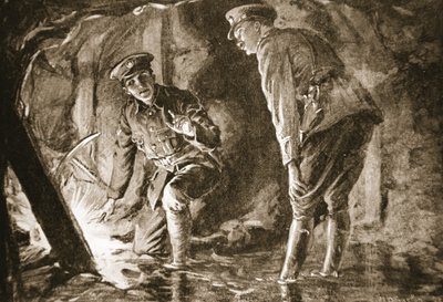 Lance-Corporal Evason en een officier luisteren naar Duitsers in een tegenmijn (litho) door Margaret Dovaston