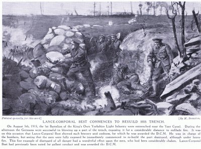 Korporaal Best onderscheiden met DCM voor het heropbouwen van zijn loopgraaf bij het IJzerkanaal onder zwaar vuur in augustus 1915 (litho) door Margaret Dovaston