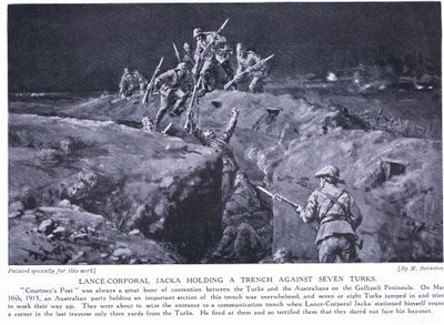 Korporaal Jacka wint een VC door te laten zien hoe één man zeven kan verslaan mei 1915 (litho) door Margaret Dovaston