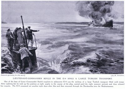 Luitenant Commandant Boyle in de E14 brengt een groot Turks transport tot zinken 1915 (litho) door Margaret Dovaston