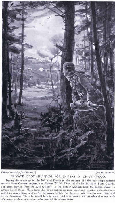Soldaat Edom op jacht naar sluipschutters in Chivy Wood, herfst 1914 (litho) door Margaret Dovaston