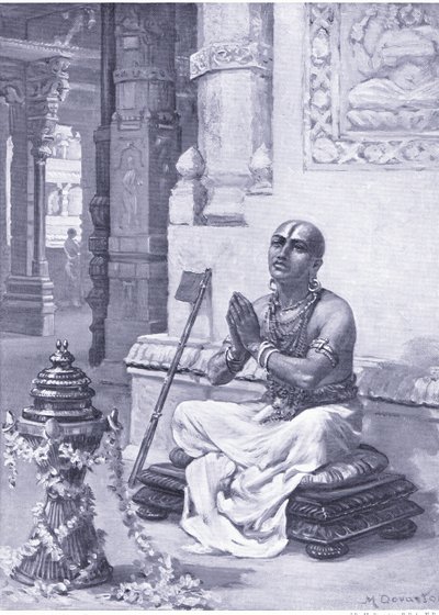 Ramanuja overpeinst zijn filosofie van de ene persoonlijke God 1100 n.Chr. (litho) door Margaret Dovaston