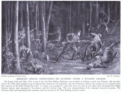 Sergeant Spence won een DCM voor het leiden van zijn peloton tijdens een bajonetcharge in bossen bij Wasmes in augustus 2014 (litho) door Margaret Dovaston