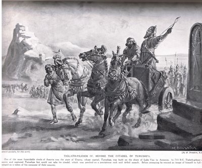Tiglath-Pileser IV voor de citadel van Turushpa, illustratie uit 