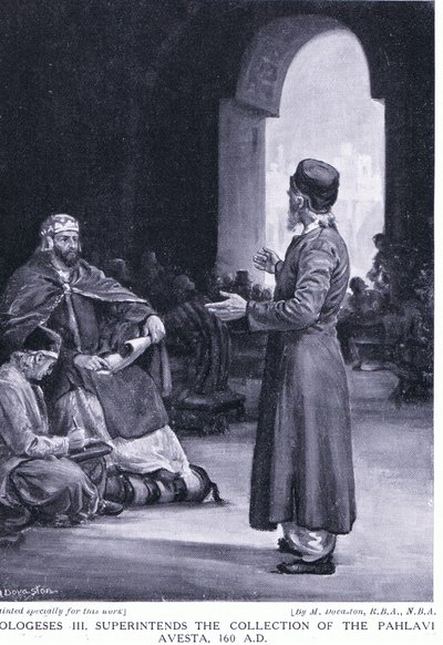 Vologeses III houdt toezicht op het verzamelen van de Pahlavi Avesta 160AD (litho) door Margaret Dovaston