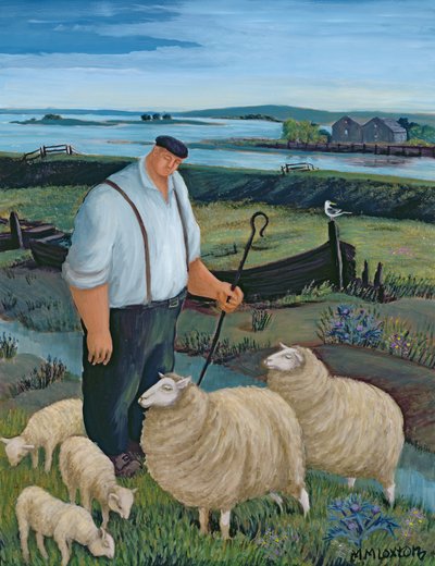 Herder met schapen in rivierlandschap door Margaret Loxton
