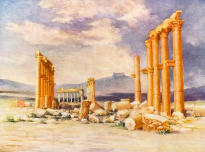 Colonnade, Palmyra, met Druzenkasteel in de Verte door Margaret Thomas
