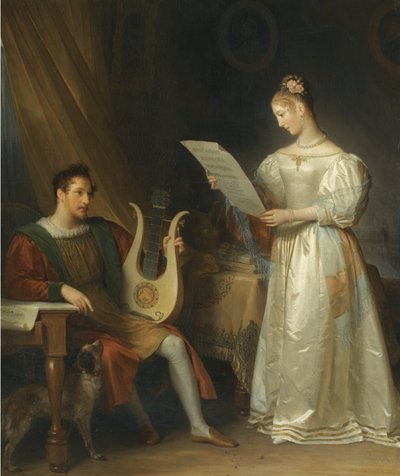 Interieur met een man met een lier en een vrouw met een muziekpartituur door Marguerite Gerard