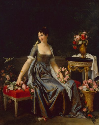 Portret van een dame, omringd door bloemen en vogels, c.1800 door Marguerite Gerard