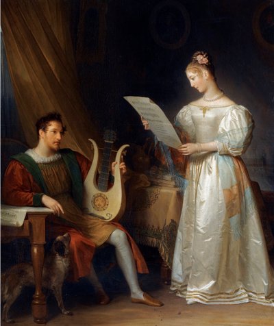 Interieur met een man die een lier vasthoudt en een vrouw met een muziekpartituur door Marguerite Gerard