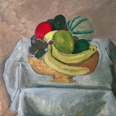 Fruitmand, 2020 (olieverf op papier) door Maria Magenta