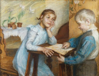 Een Interieur met een Jongen die Leest aan een Meisje, 1912 door Maria Wiik