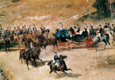 Koningin María Cristina en haar dochter, Isabel II, inspecteren de artilleriebatterijen die Madrid verdedigen in 1837 (detail), c. 1866 door Mariano José María Bernardo Fortuny y Carbó