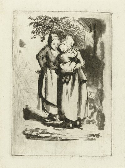 Twee staande boerinnen, eentje met een kind op haar arm door Marie Lambertine Coclers
