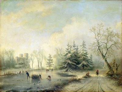 Bomen, Kasteel en Schaatsende Figuren door Marinus Adrianus Koekkoek