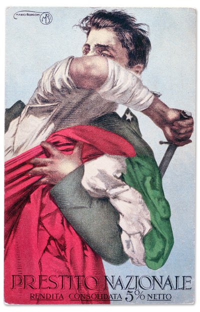 Een Italiaanse soldaat verdedigt de driekleur met getrokken zwaard. Propagandapostkaart voor de Nationale Lening, ca. 1915-18 (briefkaart) door Mario Borgoni