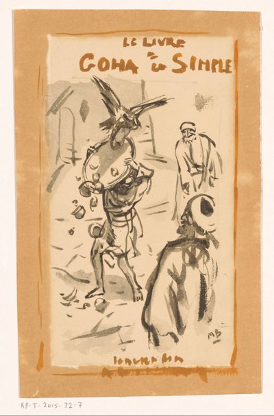 Man met dienblad aangevallen door een roofvogel door Marius Bauer (signed by artist)
