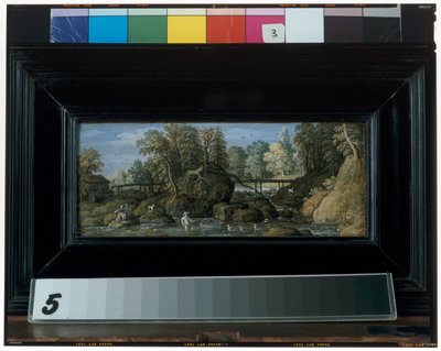 Een landschap met een watermolen, een brug over een rivier, en een visser met een net op de voorgrond door Marten Ryckaert