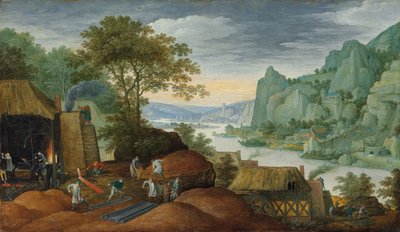 Een rotsachtig landschap met figuren bij een ijzergieterij, een rivier en huizen aan de overkant door Marten Ryckaert