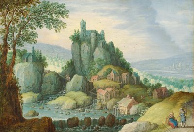 Panoramisch landschap met een rivier, kasteel op een rots en watermolen eronder door Marten Ryckaert