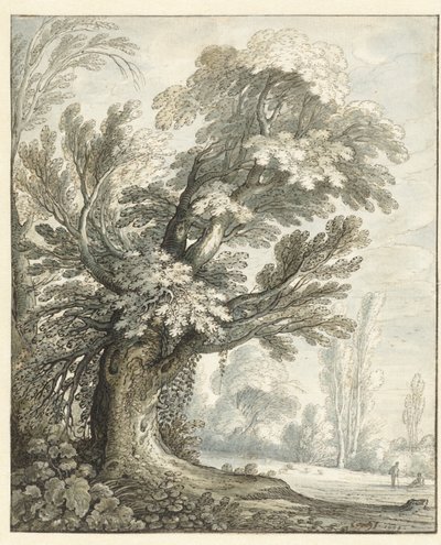 Landschap met een hoge boom door Marten de Cock