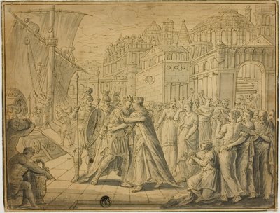 Dido en Aeneas omhelzen elkaar voor de poorten van Carthago door Marten de Vos