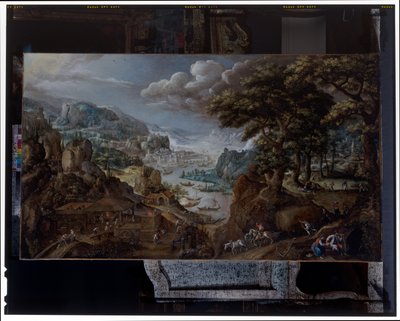 Een landschap met een ijzergieterij door Marten van Valckenborch