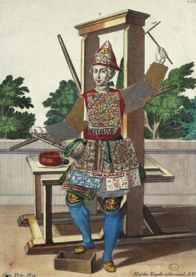 Fabrikant van gekleurd papier, gravure uit Assemblage des nouveau manouvries habilles door Martin Engelbrecht, Duitsland door Martin Engelbrecht