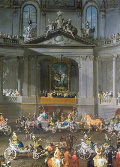 Een cavalcade in de winterrijschool van de Weense Hof ter viering van de nederlaag van het Franse leger bij Praag met het ruiterportret van keizer Karel VI (detail) door Martin II Mytens or Meytens