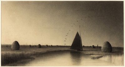 Zeilboot en hooibergen op Newbury Marsh door Martin Johnson Heade