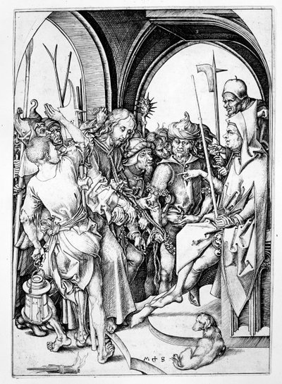 Christus voor Annas (gravure) door Martin Schongauer