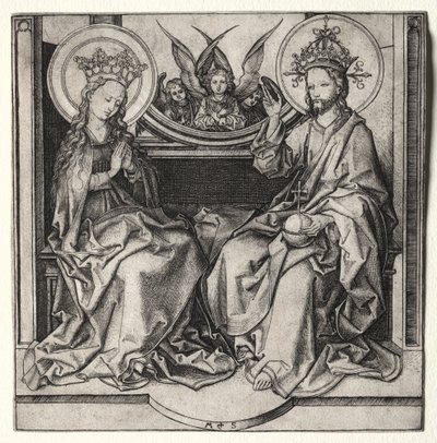 God de Vader en de Gezegende Maagd Enthroned Bijgestaan door Engelen door Martin Schongauer
