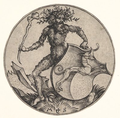 Schild met windhond vastgehouden door wilde man, ca. 1435-1491 door Martin Schongauer