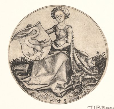 Schild met zwaan vastgehouden door vrouw door Martin Schongauer