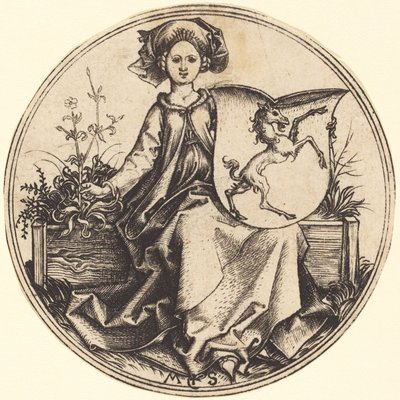 Schild met Eenhoorn, Gehouden door Vrouw door Martin Schongauer