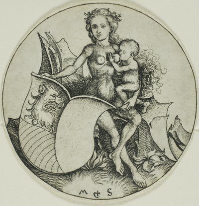 Schild met leeuwenkop, vastgehouden door een wilde vrouw door Martin Schongauer