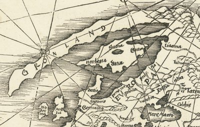 1513 kaart van de Noordzee met Groenland verbonden met Scandinavië door Martin Waldseemuller