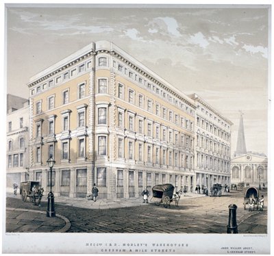 Magazijnen van J&R Morley, hoek van Milk Street en Gresham Street, Londen, ca. 1840 door Martin and Hood